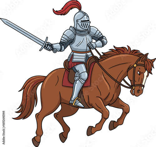 Knight on horse, medieval warrior, fantasy battle scene, flat vector illustration, cad drawing, silhouette art, historical armor, heroic rider