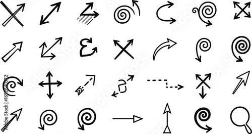 Collection of diverse hand-drawn arrow icons illustrating direction and movement