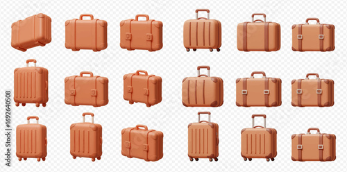 A collection of various brown 3D rendered suitcases and rolling luggage on a transparent background.
