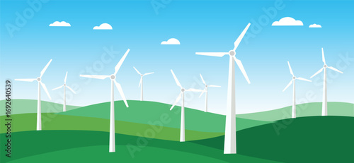 Wind turbine farm on green hills for renewable clean energy and Sustainable Power generation vector illustration.