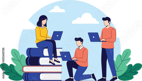 Outdoor study, student teamwork, digital learning, academic tools, flat vector, cad drawing, silhouette art, books, laptop, nature, collaboration