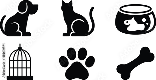 Pet icons collection featuring dog, cat, fishbowl, birdcage, paw print, and bone for pet care, animal lovers, and pet accessories.