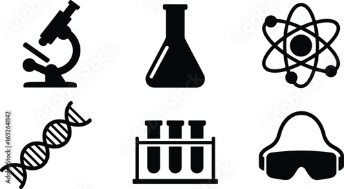Science icons set featuring microscope, flask, atom, DNA, test tubes, safety goggles, representing laboratory, research, biology, chemistry, physics, and scientific study.