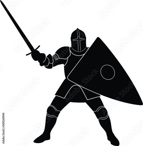 Silhouette of a medieval knight in armor holding a sword and shield, ready for battle.