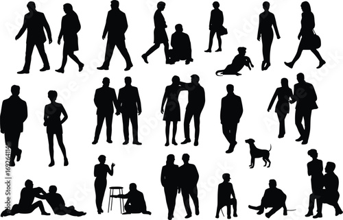 Silhouettes of people walking, sitting, standing, interacting, relaxing, with dogs, urban lifestyle, casual poses, social moments, outdoor leisure, companionship