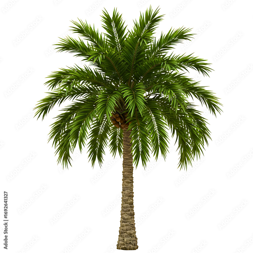 Fototapeta premium Tall green palm tree with full fronds isolated on white white background
