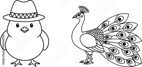 Charming chick in a hat and elegant peacock standing side by side
