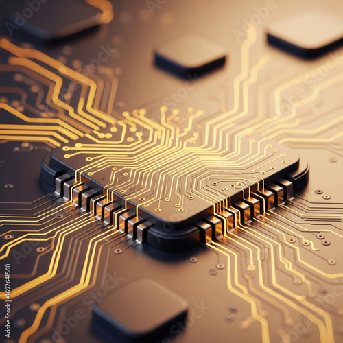 Minimalist Art of microchip electronic circuits and components, neon wires data flow futuristic technology