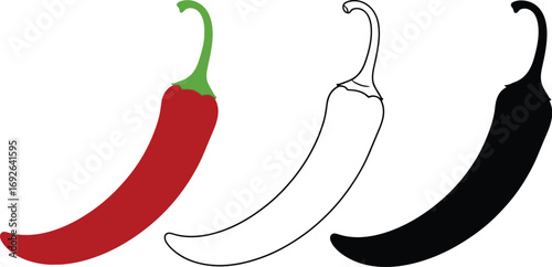 Vibrant red chili pepper shown in three distinct styles: solid color, outline, and silhouette.
