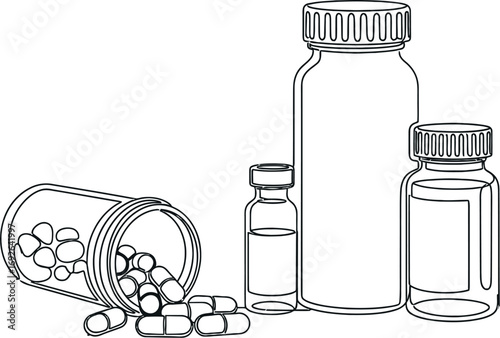Collection of pharmaceutical bottles and capsules, representing healthcare and medication.