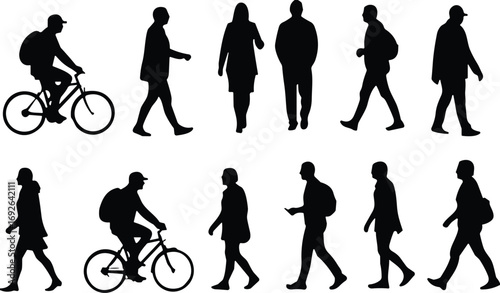 Urban silhouette of pedestrians and cyclists, walking, biking, commuting, city lifestyle, black figures, motion, street activity, transportation, people