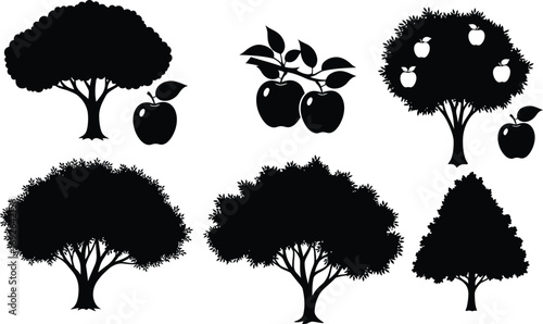 Collection of stylized black silhouettes of apple trees with fruit and branches