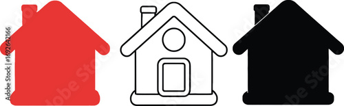 Three simple house icons in red, outline, and black, representing different housing options or choices.