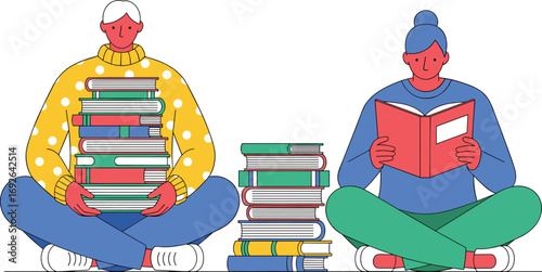 Students with books, reading and studying, academic teamwork, flat vector illustration, cad drawing, silhouette art, learning concept, education scene