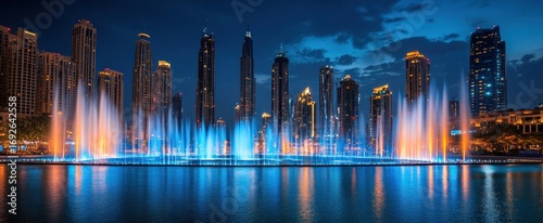 Majestic Dubai Fountain's Blue and Orange Glow Against a Modern City Skyline at Night