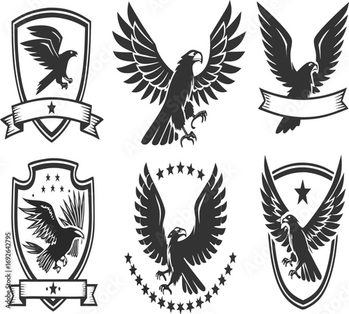 Collection of six eagle logos featuring spread wings and shield designs, perfect for branding