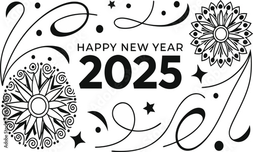 Happy new year 2025 greeting card with floral ornaments festive design for holiday season