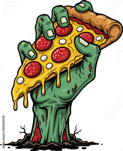 Zombie hand with pizza, horror humor, Halloween cartoon, flat vector illustration, cad drawing, silhouette art, undead craving, spooky snack