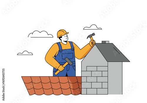 Roofer fixing facade near roof with tools on house exterior  