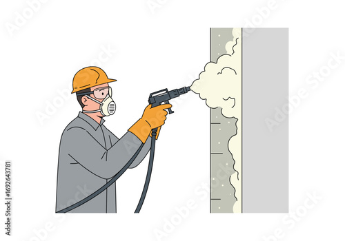 Worker spraying insulation foam on wall in protective gear  