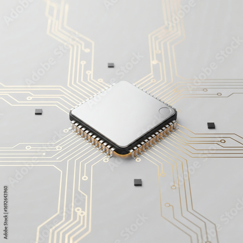 Minimalist Art of microchip electronic circuits and components, neon wires data flow futuristic technology