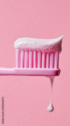 A vibrant pink toothbrush holds a perfect dollop of white toothpaste, positioned against a clean, glossy surface, indicating it's time for a refreshing morning dental care routine