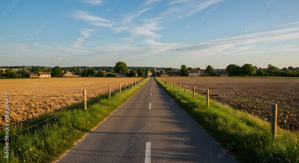 Fototapeta premium Country road through fields under sunny sky