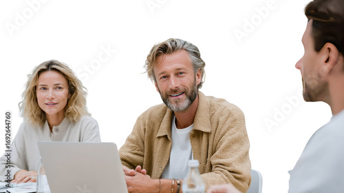 Collaborative Conversation at Business Table: A candid snapshot captures a pivotal moment of open dialogue at a polished wooden table.