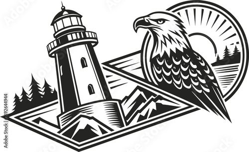 Vintage lighthouse and eagle head vector illustration nautical emblem design concept