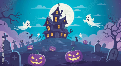 Spooky Halloween night background with pumpkins, bats, and a haunted house under a full moon