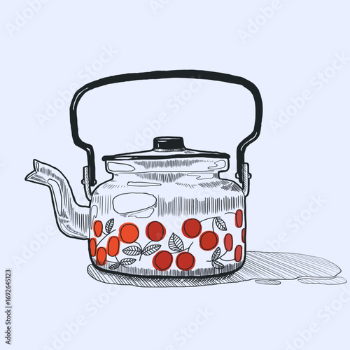  Illustration of a vintage enamel teapot with handle and red berry pattern on a light background.