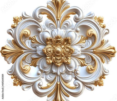 3d baroque ornament, in golden and white colors, isolated on a transparent background.
