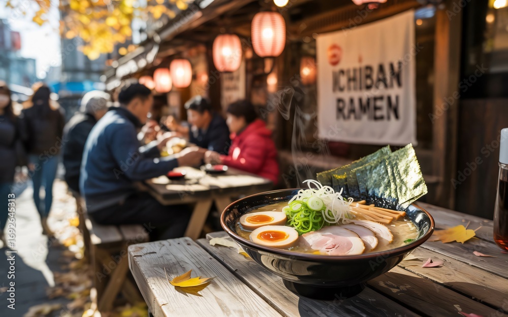 Fototapeta premium A delicious bowl of Japanese ramen on a rustic wooden table, with people dining outdoors at a bustling street-side restaurant in autumn.