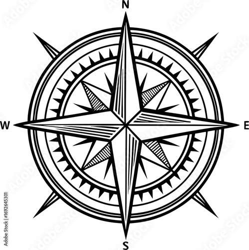 Detailed black and white compass rose silhouette for navigation and direction
