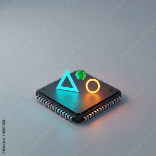 Minimalist Art of microchip electronic circuits and components, neon wires data flow futuristic technology