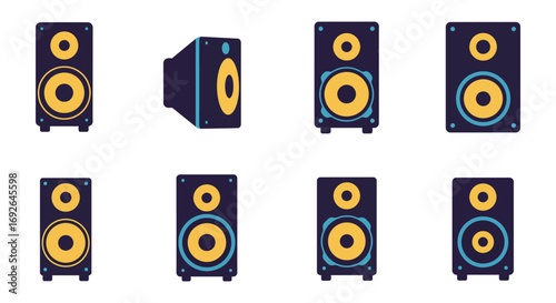 a row of speakers with yellow cones arranged neatly