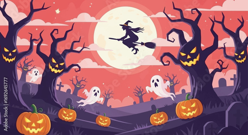 Spooky Halloween night background with pumpkins, bats, and a scary witch illustration
