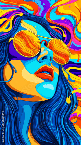 Bold and colorful artwork features a woman with striking sunglasses reflecting a vibrant landscape, showcasing captivating abstract elements and imaginative scenery