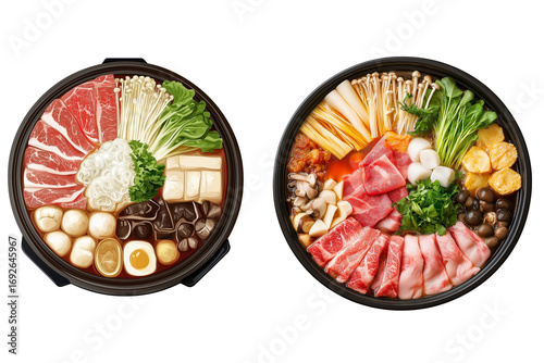 Shabu-Shabu Japanese Hotpot Dish Top View Isolated on Transparent Background. Traditional Japanese Shabu-Shabu Hotpot Cutout PNG.