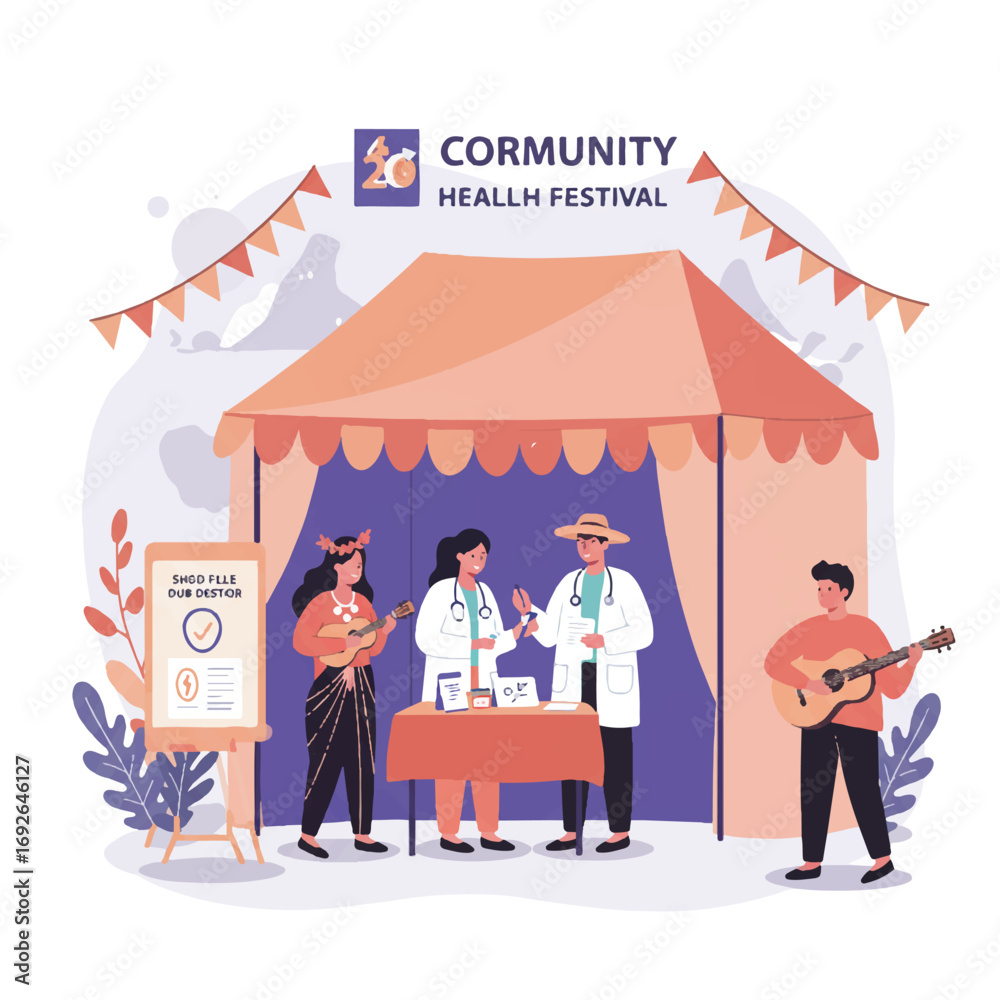 Naklejka premium Vibrant 2D flat vector of a community festival; a healthcare professional provides free health check-ups under a tent, promoting wellness and cultural celebration.