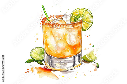 Spicy Margarita Watercolor Illustration on Transparent Background. Watercolor Cocktail Art of Spicy Margarita Isolated PNG.