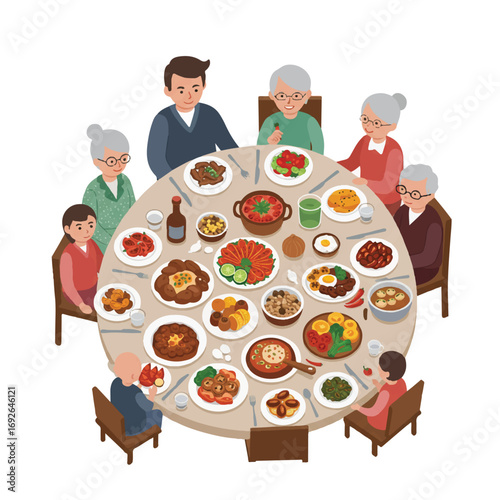 Bright 2D flat vector illustration shows a multi-generational family sharing a healthy, colorful traditional meal around a table laden with diverse dishes, celebrating cultural heritage.