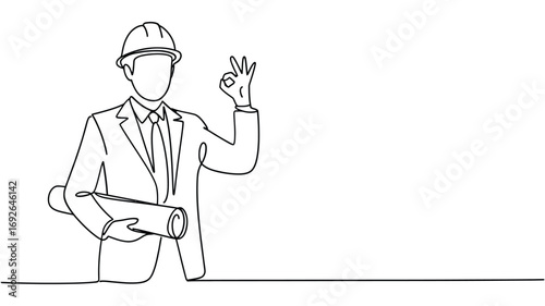 Architectural engineer in hard hat holding blueprints and giving an okay gesture