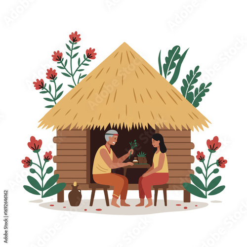 A traditional healer consults with a patient inside a simple hut, surrounded by various medicinal plants in a clean 2D flat vector illustration.