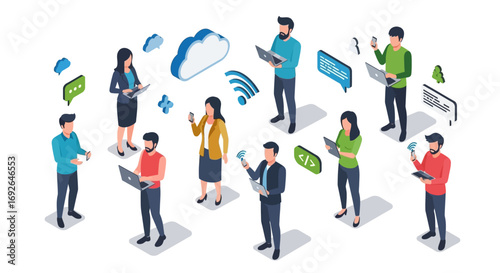 Isometric people and gadgets. Young men and women characters with smartphones and gadgets. Vector modern freelance business people on white background