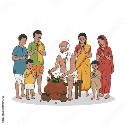 Wise elder from a local community prepares traditional herbal medicine, surrounded by younger villagers observing in a flat 2D vector illustration with clean outlines.
