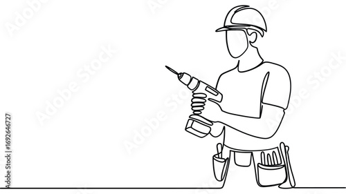 Construction worker in hard hat holding a power drill with tools on belt