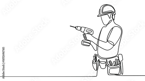 Construction worker in hard hat holding a power drill and tool belt one line drawing