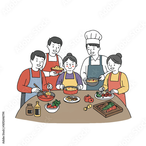 A joyful multi-generational family in a flat 2D vector illustration, happily preparing a nutritious traditional meal with fresh local ingredients in a bright communal kitchen.