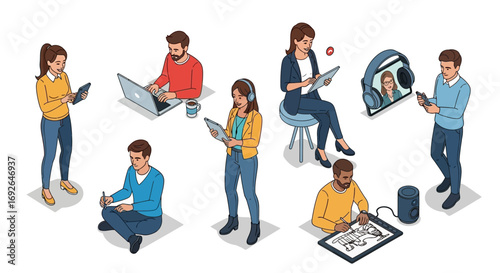 Isometric people and gadgets. Young men and women characters with smartphones and gadgets. Vector modern freelance business people on white background